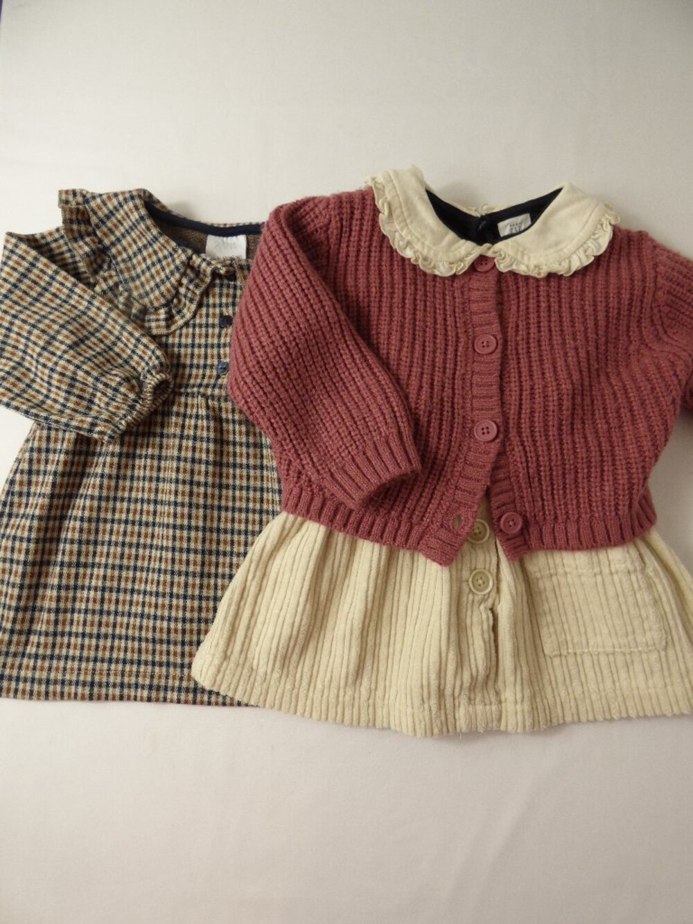 Zara Girls Plaid Dress, Pink Cardigan, Black & Cream Skirt/Shirt & Tights Set